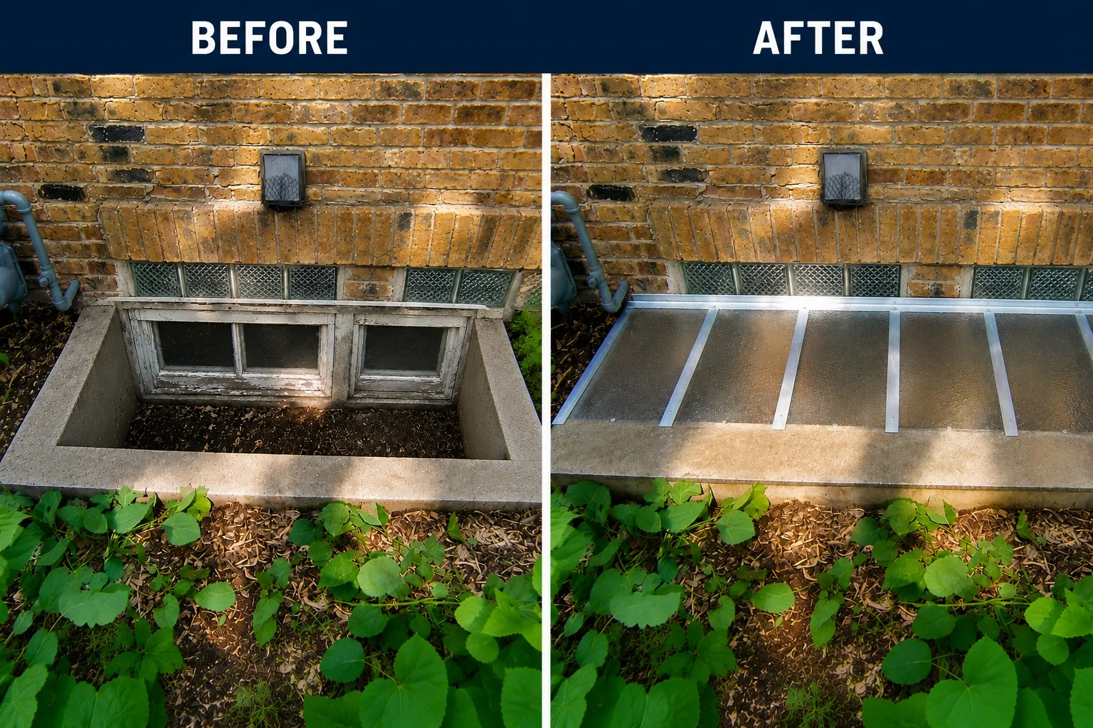 Window well before and after: rotting wood cover replaced with a custom aluminum-framed clear cover