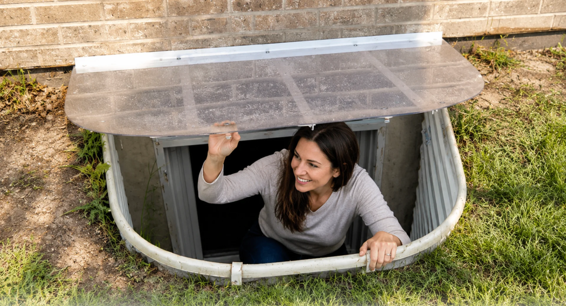 Galvanized egress window well installed against a home's foundation