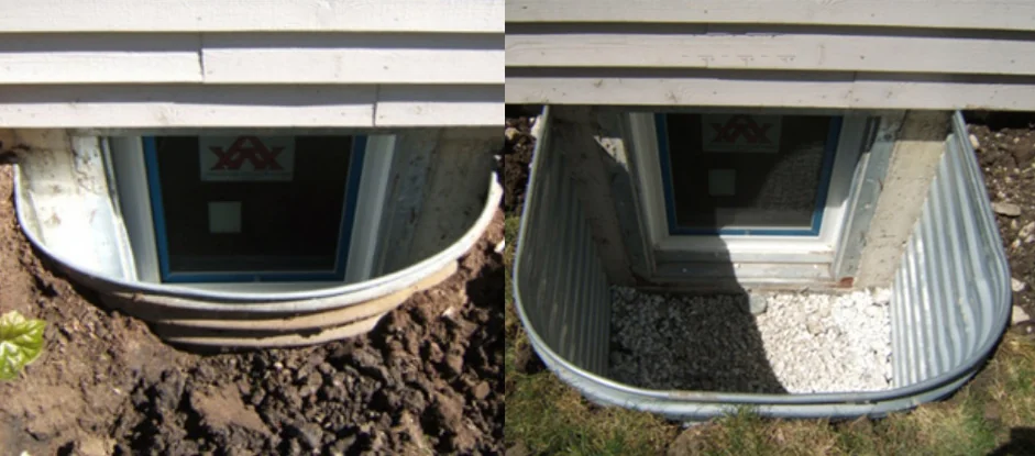 Window well before and after: dirt-filled well cleaned out with new gravel base