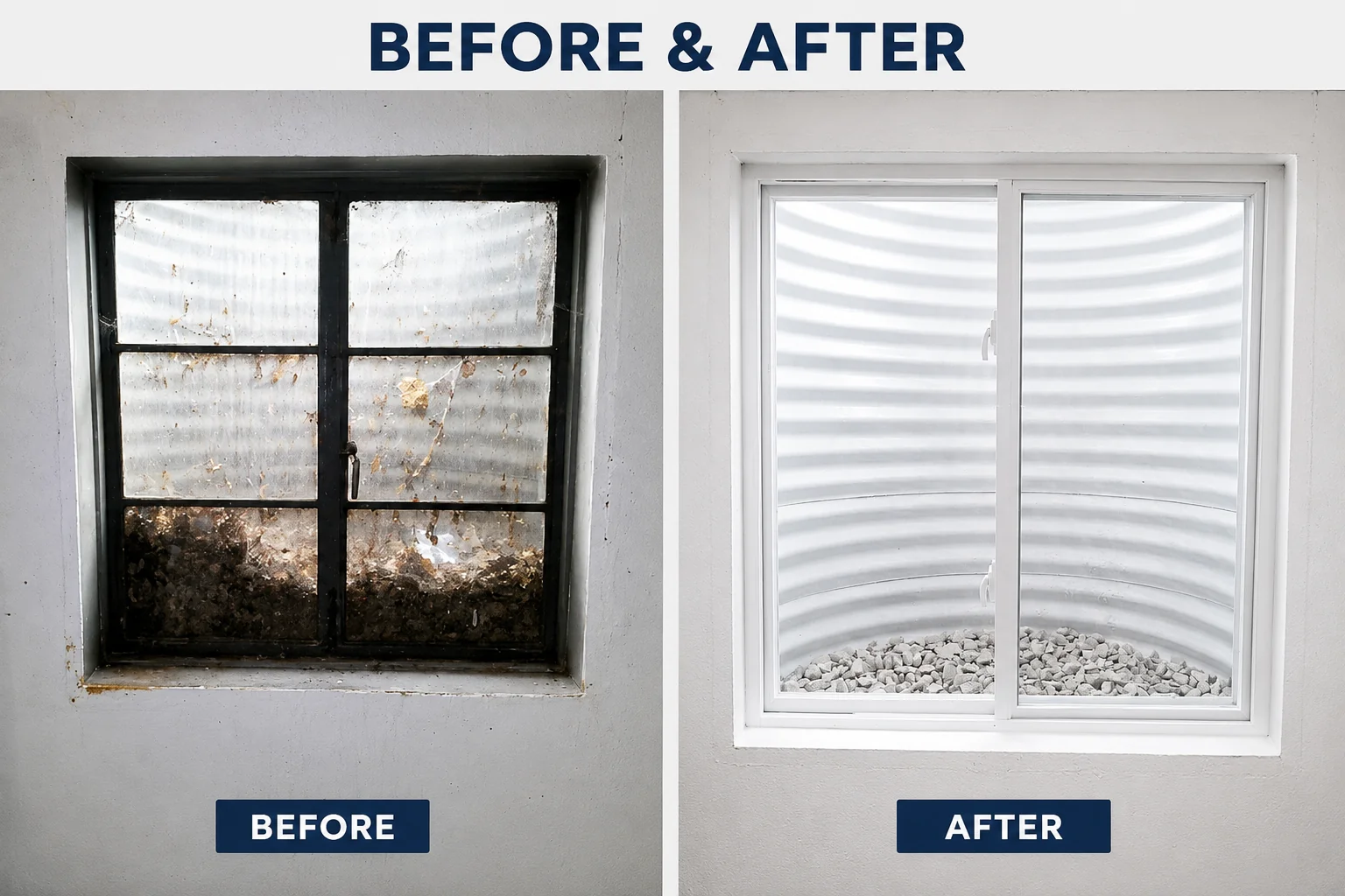 Basement window before and after: grimy old steel-frame window replaced with a clean white vinyl window